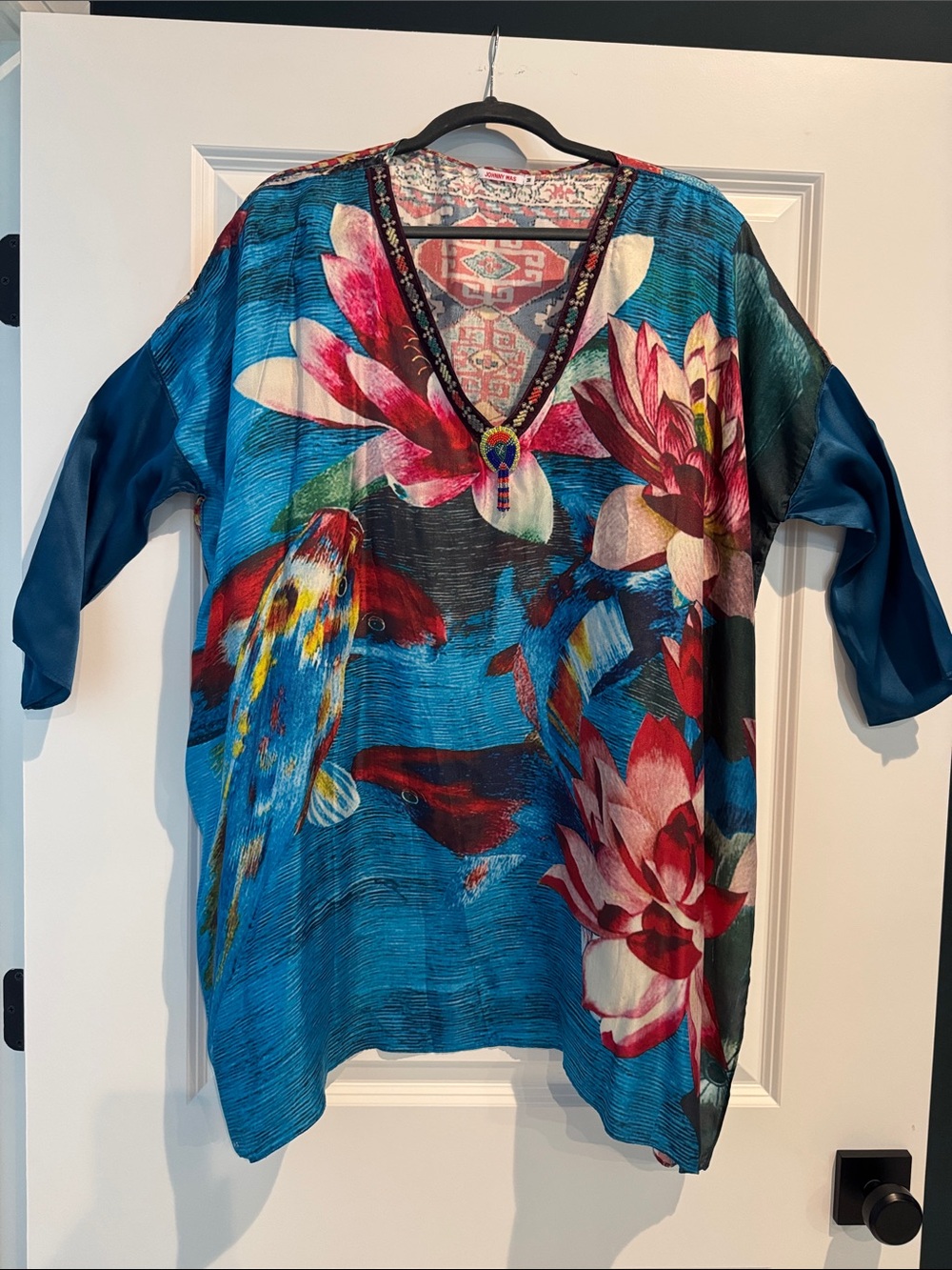 Johnny Was Blue Floral & Koi Print V-Neck Tunic